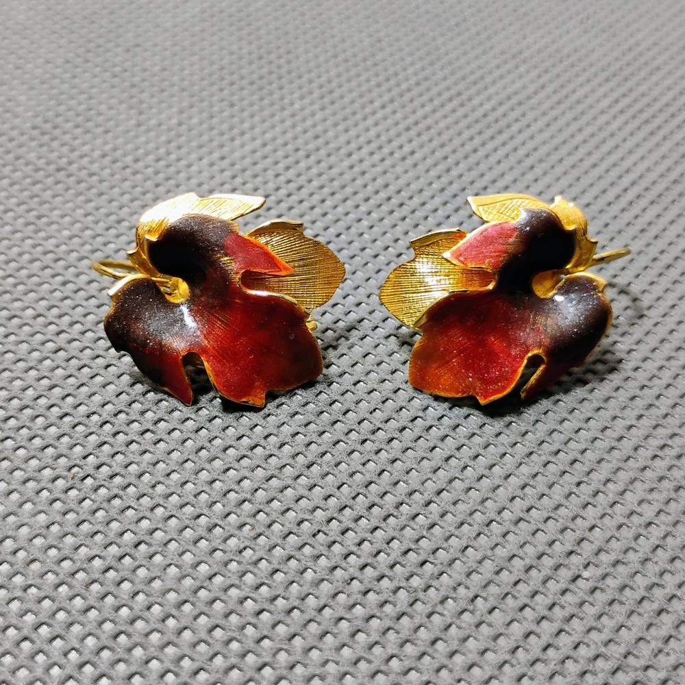 Gold Tone and Red Leaf Clip On Earrings